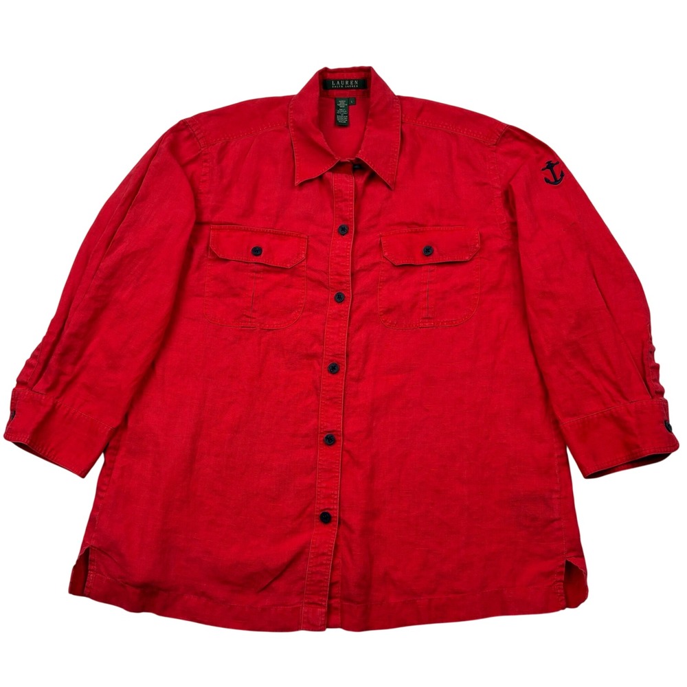 Lauren Ralph Lauren Womens L Red 100 Linen Safari Shirt Nautical Anchor 3/4 Slv